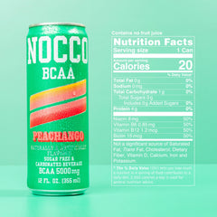 NOCCO Peachango BCAA can front view shows 5,000 mg BCAAs per can.