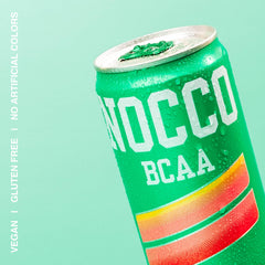 NOCCO Peachango label close-up displays biotin and vitamin content.