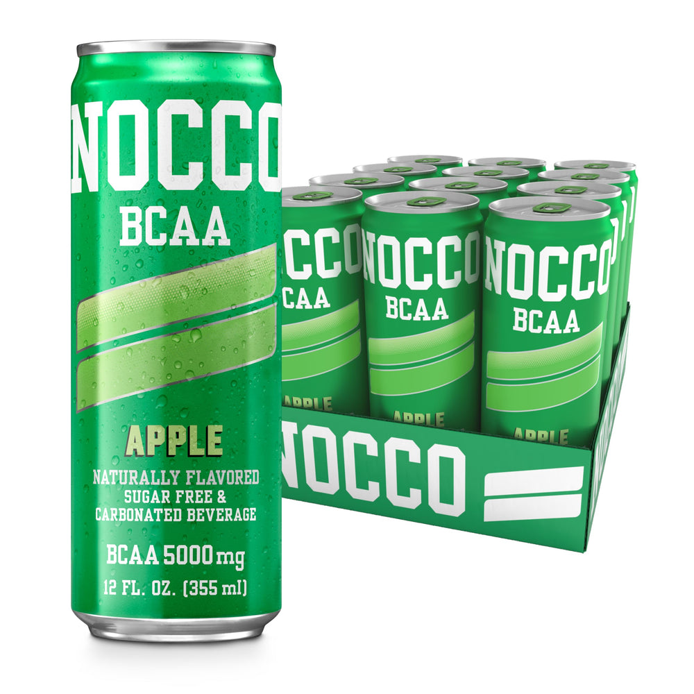 NOCCO Apple BCAA can front view showing zero sugar and 5 g BCAAs for post-workout support.