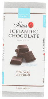 Nói Síríus sea salt 70% dark chocolate bar on display, rich, complex flavor.