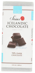 Nói Síríus sea salt 70% dark chocolate bar on display, rich, complex flavor.
