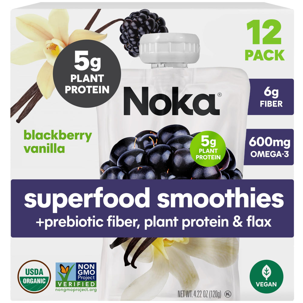 NOKA Blackberry Vanilla Smoothie Pouch front view for on-the-go snacking.