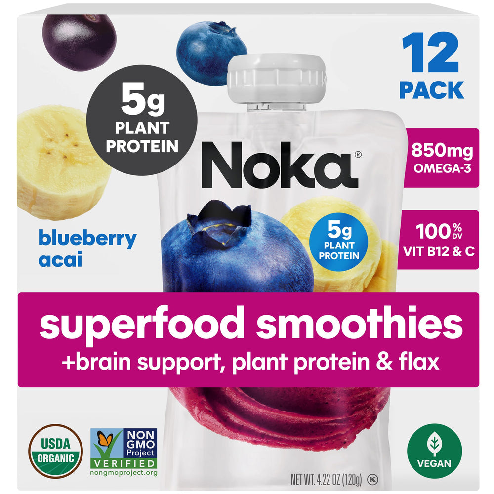 NOKA blueberry acai smoothie pouch for on-the-go nutrition.
