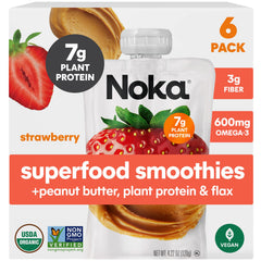 NOKA strawberry peanut butter smoothie pouches for quick on-the-go snacking.