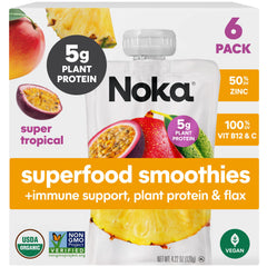 NOKA Super Tropical smoothie pouch front view highlights tropical fruit blend for quick energy.