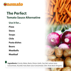 Nomato Original tomato-free marinara ingredients visible, highlighting root vegetables and herbs.
