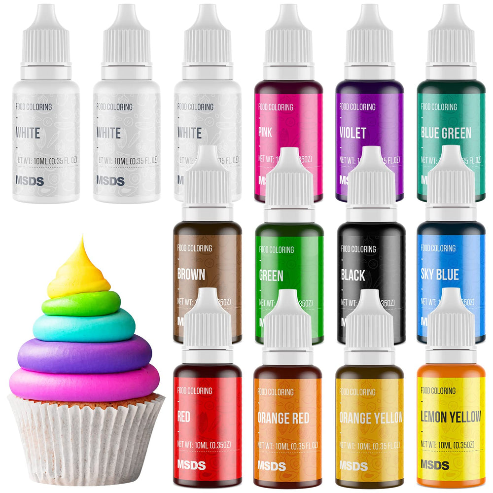 Nomeca 14-color bottle set lined up for baking, vibrant hues for decorating.