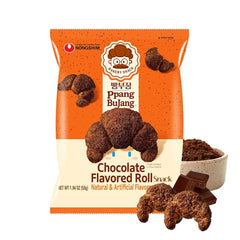 Nongshim Ppang Bujang chocolate roll crispy exterior closeup — light crunch with rich chocolate.
