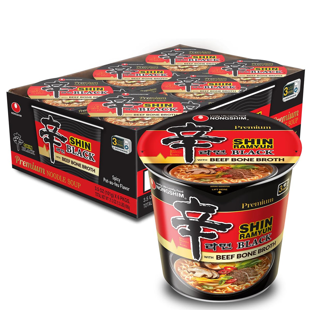 Nongshim Shin Black noodles in a spicy, ready-to-serve bowl