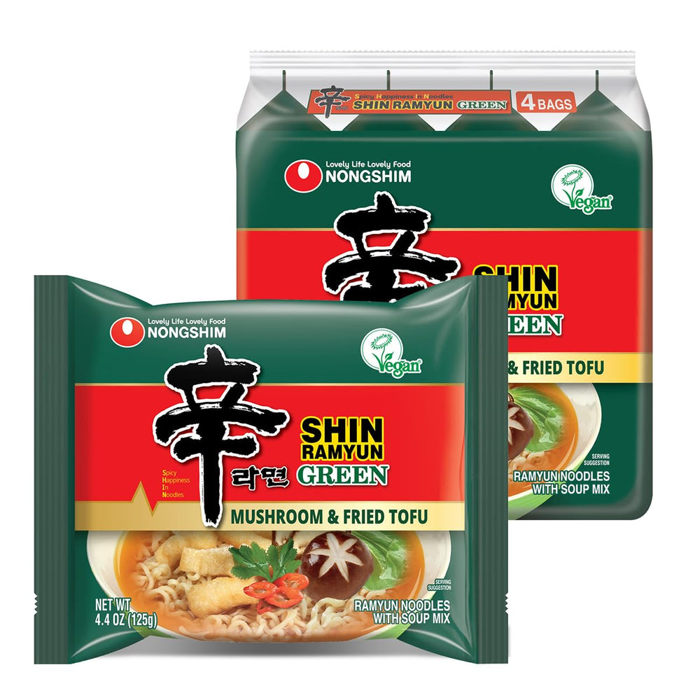 Nongshim Shin Green vegan ramen broth with vegetables for a comforting meal.