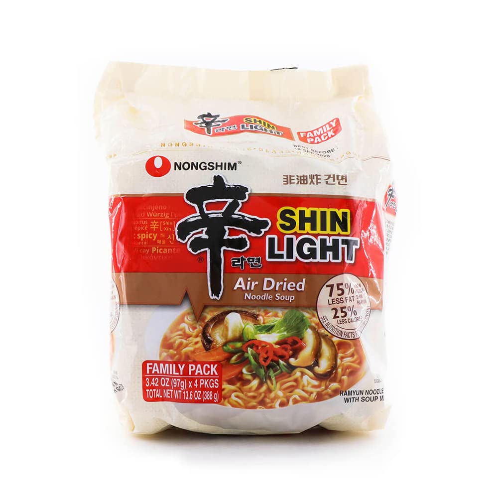 Nongshim Shin Light air-dried noodles in a steaming bowl, ready in minutes