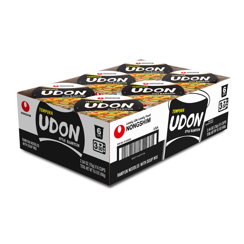 Nongshim Tempura Udon Noodle Cup close-up with crispy tempura flakes for a quick meal