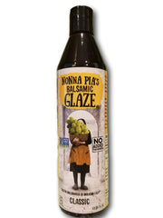 Nonna Pia's Balsamic Glaze bottle on a kitchen counter, perfect for finishing meats and vegetables.