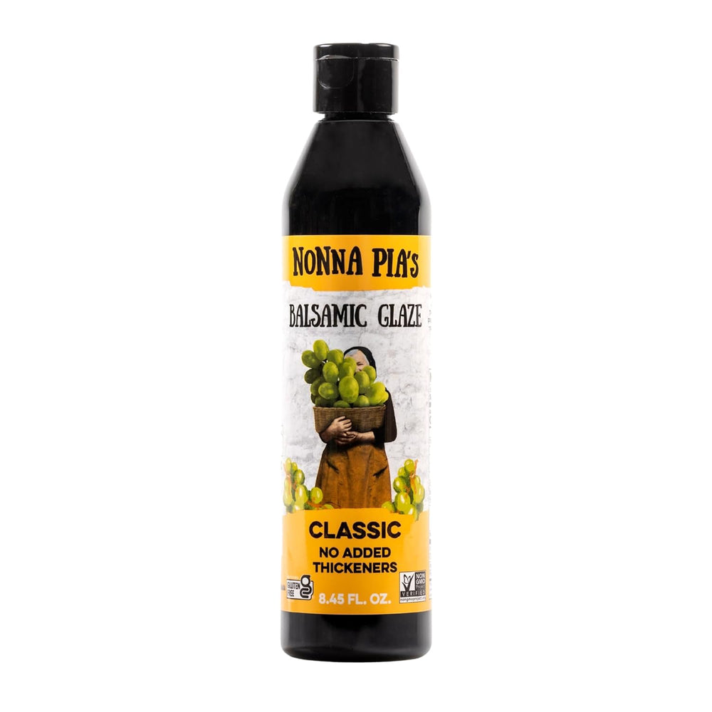 Nonna Pia's Classic Balsamic Glaze bottle front view for glossy drizzle.