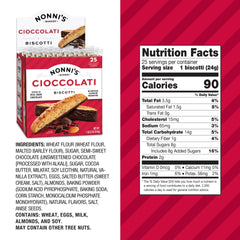 Nonni's cioccolati biscotti close-up with dark chocolate coating.