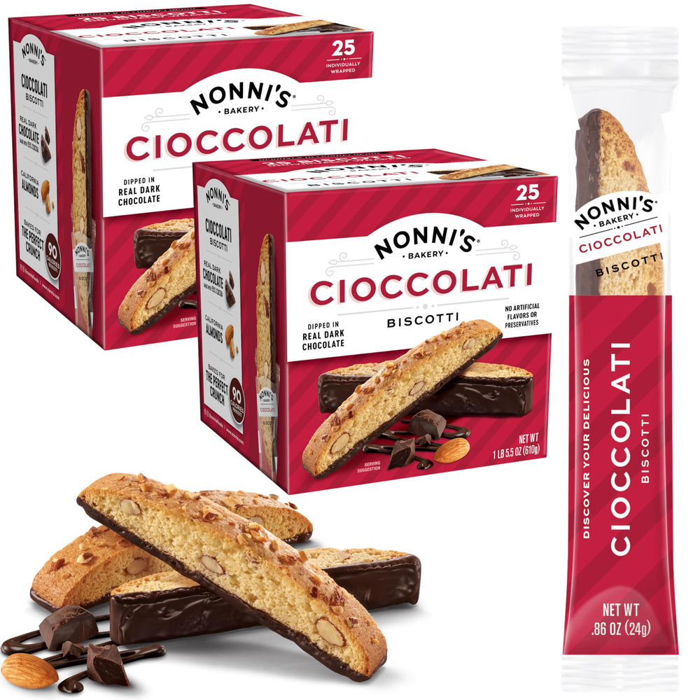 Nonni's biscotti cioccolati packaging showcase, ideal for gifting and parties.