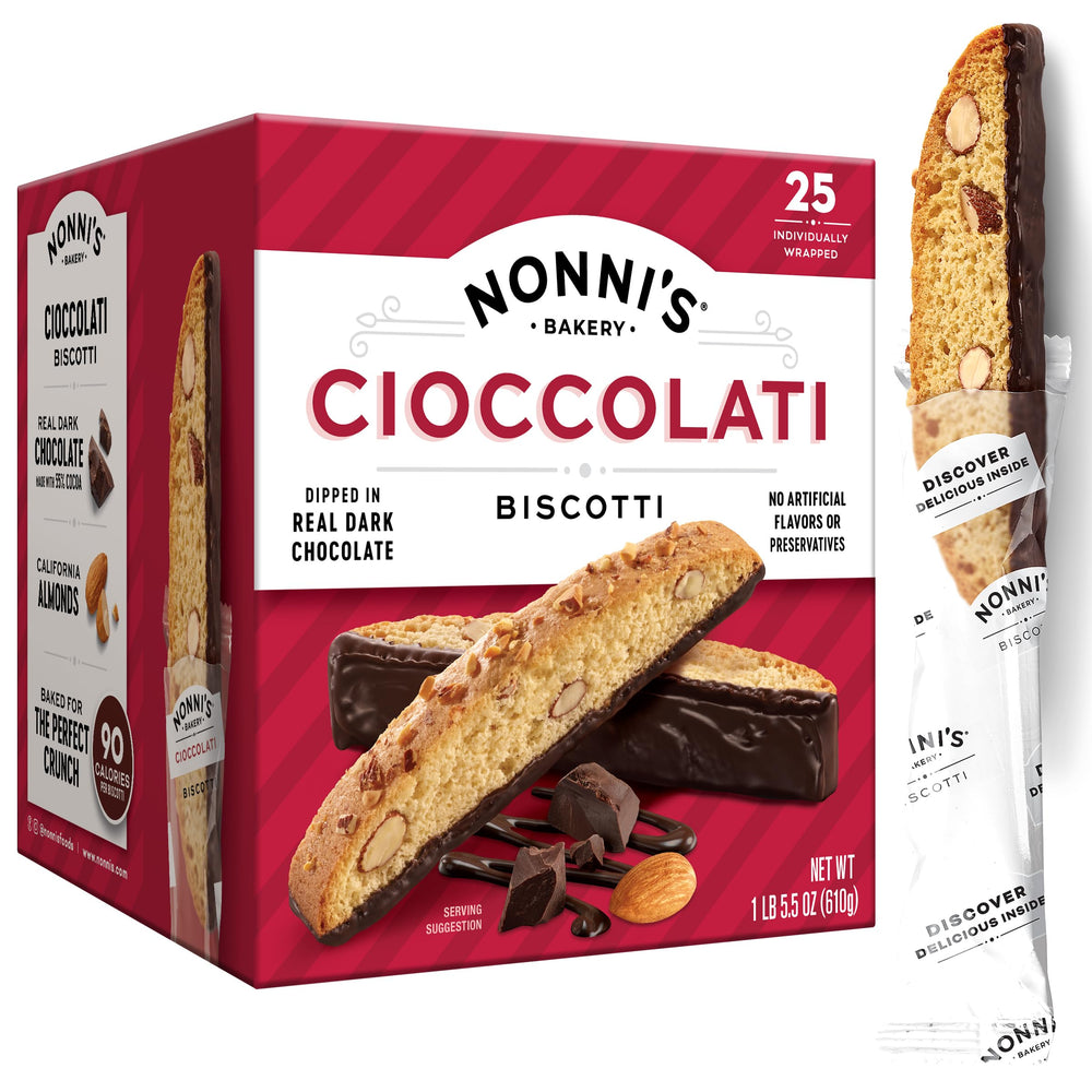Nonni's Cioccolati biscotti package front; freshness primed for gifting or sipping with coffee