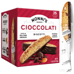 Nonni's Cioccolati biscotti package front; freshness primed for gifting or sipping with coffee
