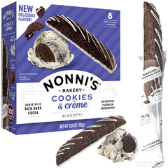 Nonni's Cookies & Creme Biscotti rich cocoa with vanilla icing ideal for dunking.