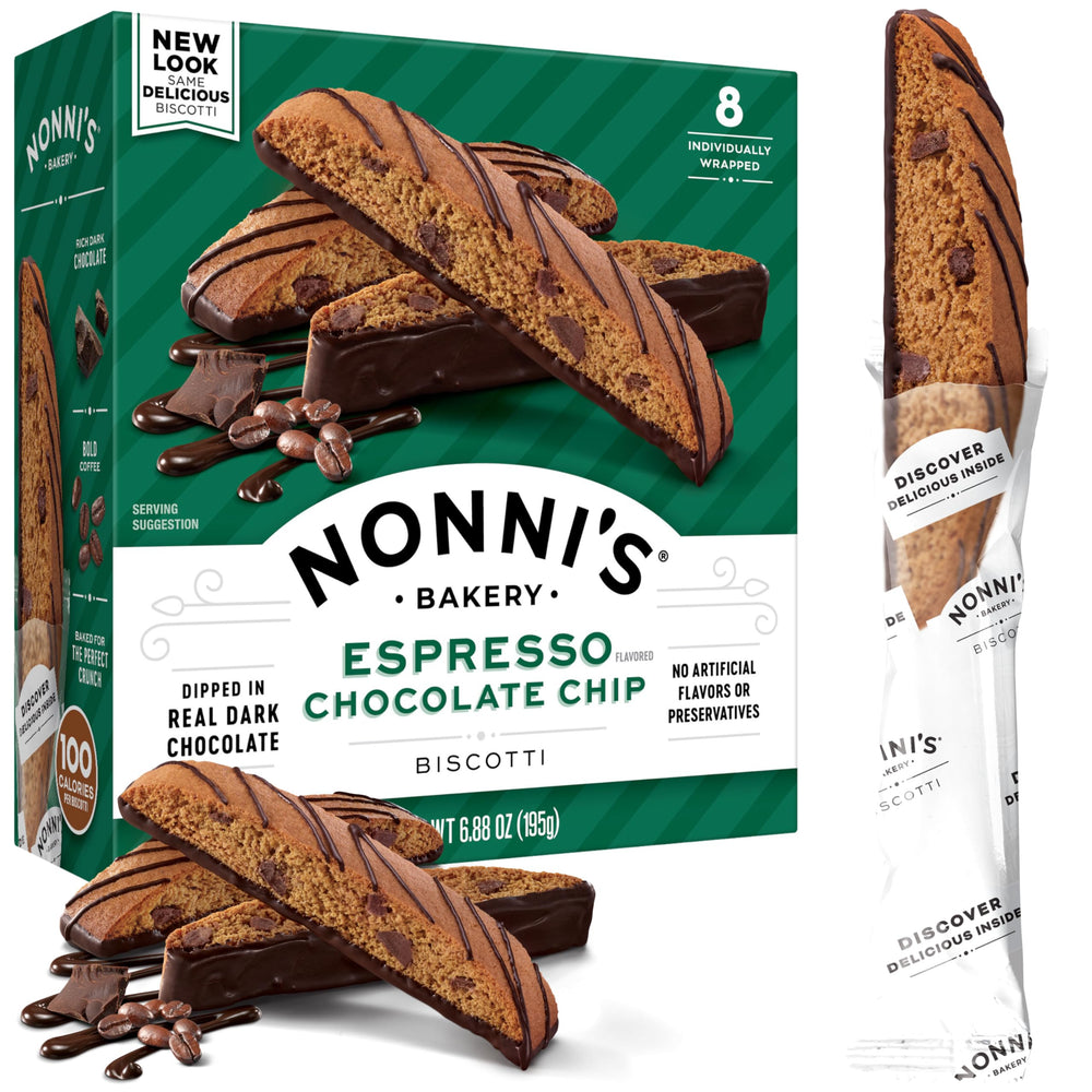 Nonni's Espresso Chocolate Chip biscotti packaging showing freshness.