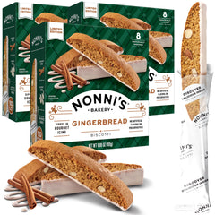 Nonni's Gingerbread Biscotti with almonds and white icing displayed on a platter for a festive snack.