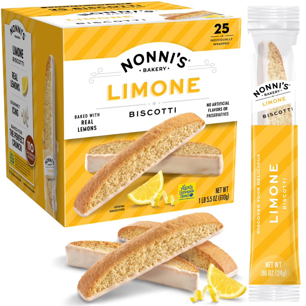 Nonni's Limone biscotti, individually wrapped for travel-friendly freshness and crunch