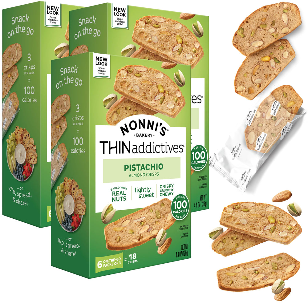 Nonni's Thin Addictives box front featuring pistachio almond thins as a grab-and-go snack