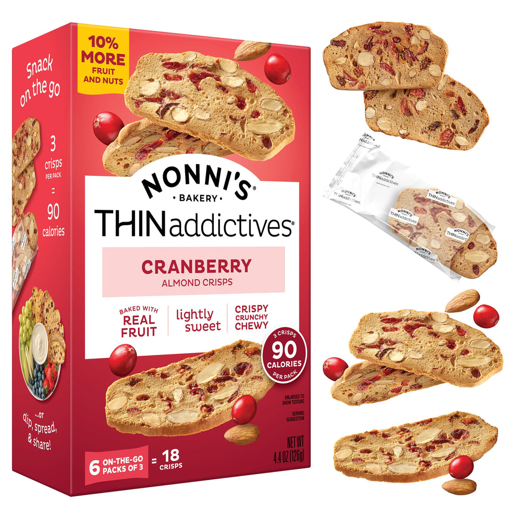 Nonni's THINaddictives Cranberry Almond Crisps six-pack box for convenient on-the-go snacking.
