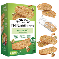 Nonni's THINaddictives pistachio almond crisps box ready-to-eat snack.