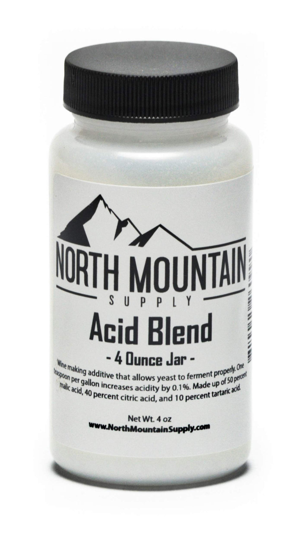 North Mountain Supply acid blend 4oz jar with tamper-evident seal for fresh wine fermentation.