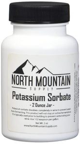 North Mountain Supply potassium sorbate 2 oz jar ready for wine stabilization and shelf stability.