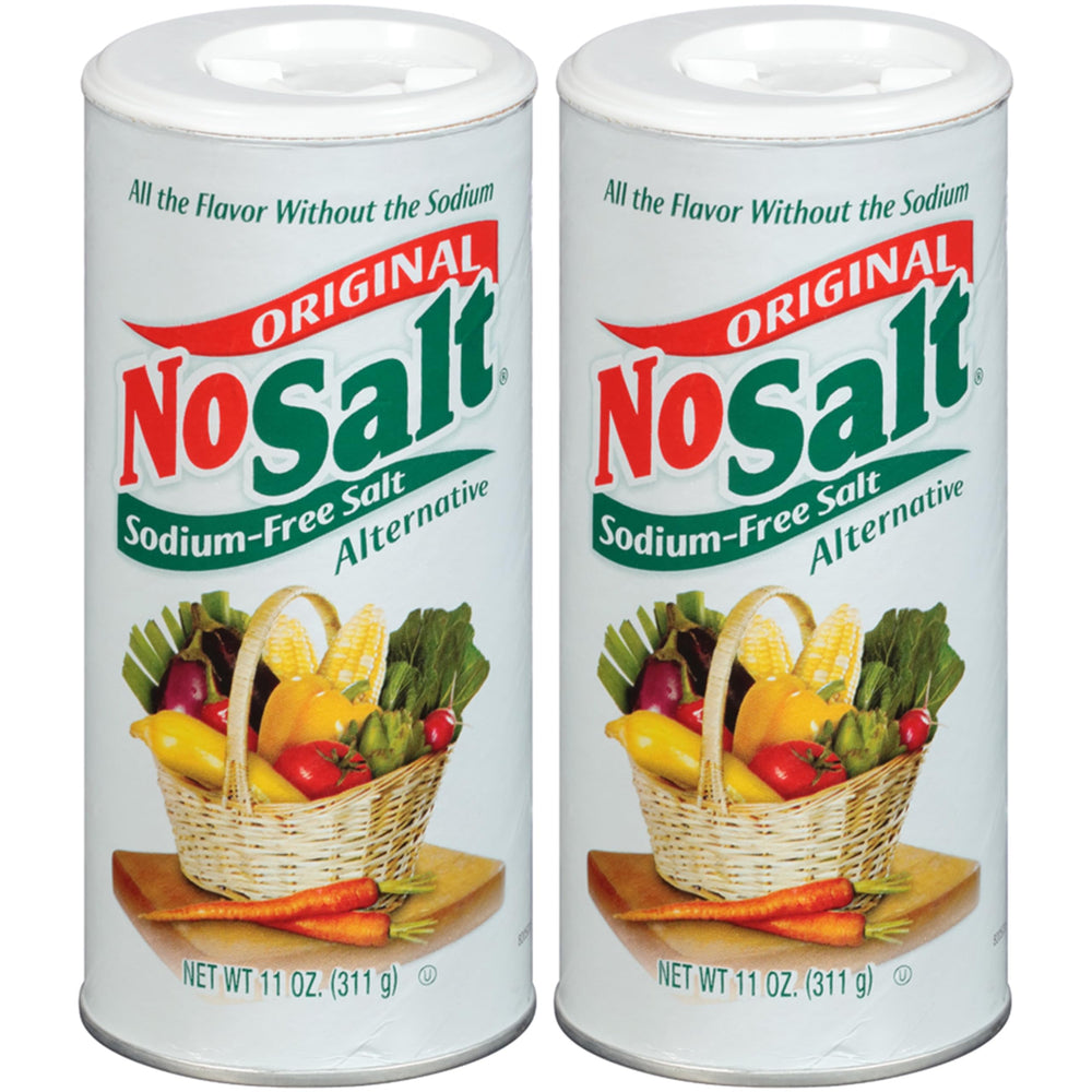 NoSalt salt substitute bottle pour demonstrates sodium-free seasoning for healthier meals.