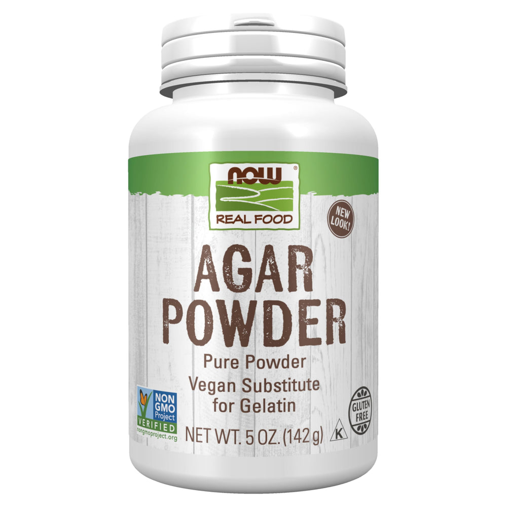NOW Foods Agar Pure Powder packaging showing a plant-based gelatin substitute option