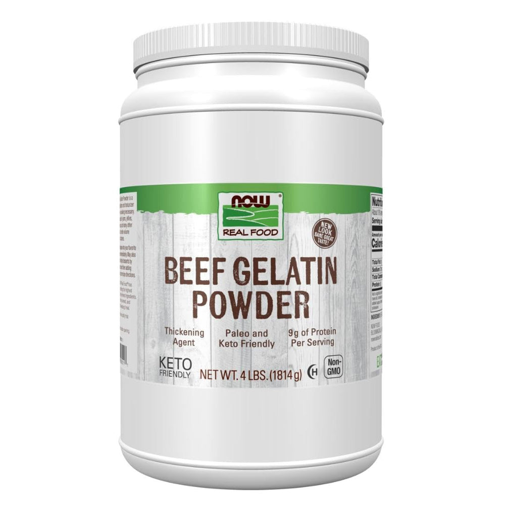 NOW Foods beef gelatin powder 4 lb container for natural thickening and protein.