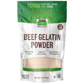 NOW Foods beef gelatin powder with scoop for instant thickening in drinks.
