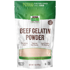 NOW Foods beef gelatin powder with scoop for instant thickening in drinks.