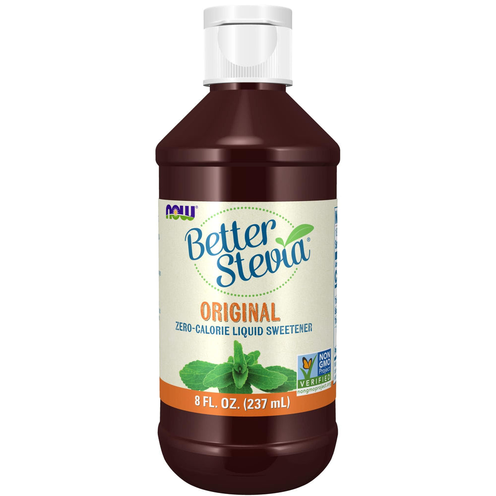 NOW Foods BetterStevia Liquid bottle front label showing zero-calorie sweetness claim