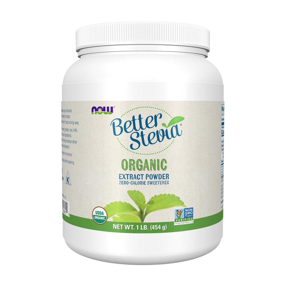 NOW Foods BetterStevia organic extract powder bottle for sugar-free beverages.