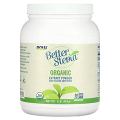 NOW Foods BetterStevia organic extract powder jar shows convenient packaging for everyday sweetness.