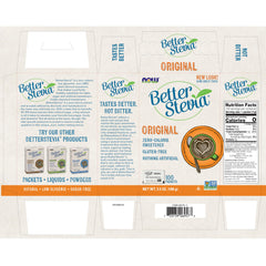 Close-up of BetterStevia packet showing natural whole-leaf stevia extract for purity.