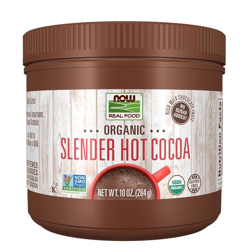 NOW Foods Cocoa Lovers Slender Hot Cocoa packaging highlights no sugar added and organic monk fruit.