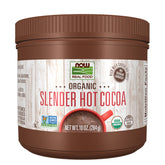 NOW Foods Cocoa Lovers Slender Hot Cocoa packaging highlights no sugar added and organic monk fruit.