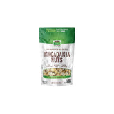 NOW Foods Macadamia nuts in a full bag showing packaging and fiber source.