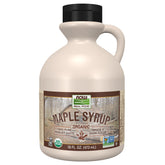 NOW Foods maple syrup bottle front highlighting organic, dark flavor for pancakes and toppings.