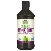 NOW Foods Monk Fruit Liquid bottle displaying organic zero-calorie sweetness for beverages