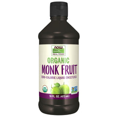 NOW Foods Monk Fruit Liquid bottle displaying organic zero-calorie sweetness for beverages