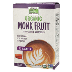 NOW Foods Monk Fruit packets dissolving in beverage, zero-calorie sweetness option