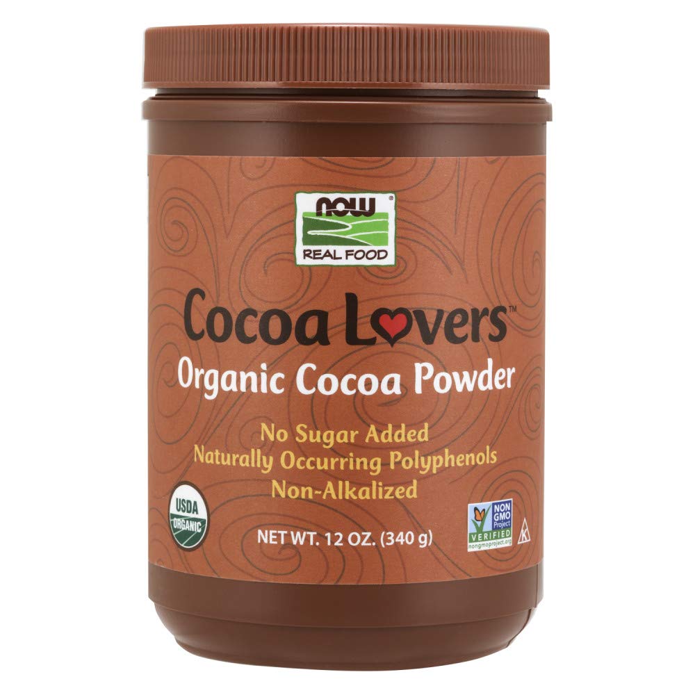 NOW Foods Organic Cocoa Powder unsweetened 12oz bottle, ideal for baking and recipes