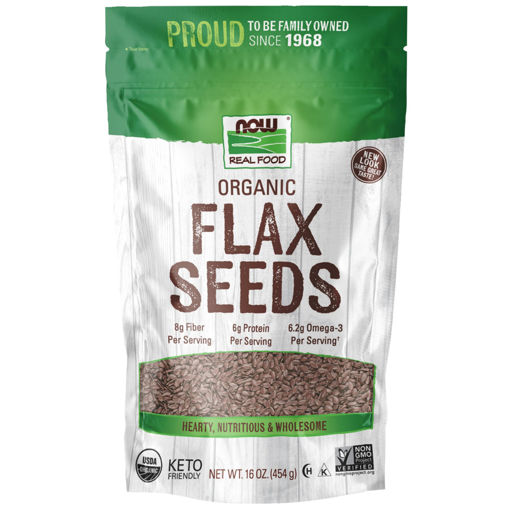 NOW Foods Organic Flax Seeds in packaging highlighting fiber-rich nutrition for baking