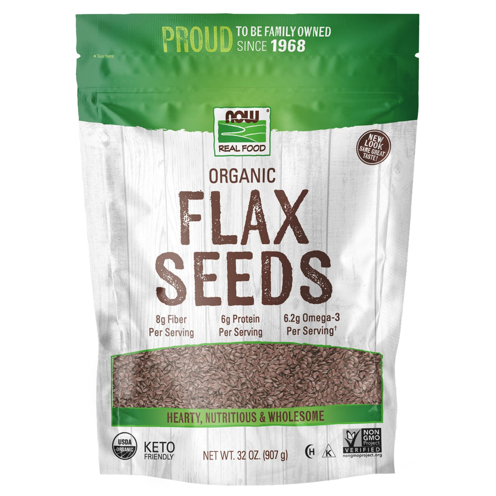 NOW Foods Organic Flax Seeds packaging on shelf, fiber and essential fatty acids.